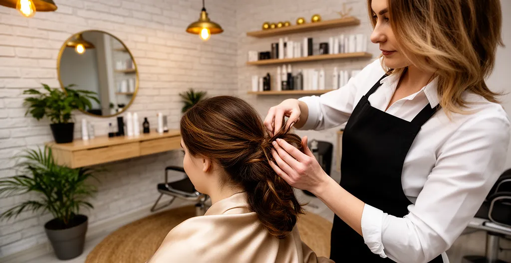 Coiffeuse examinant la texture des cheveux d'une cliente en salon de coiffure professionnel