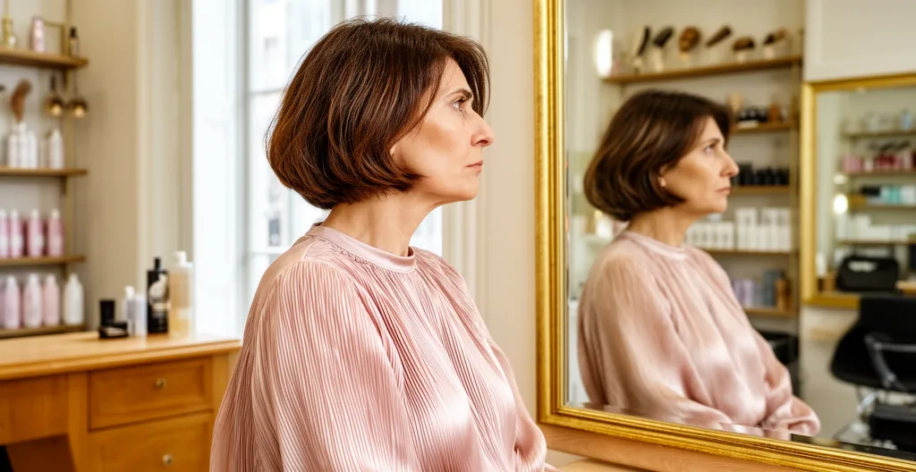 Femme adulte regardant son reflet avec expression pensive après une coupe en salon de coiffure