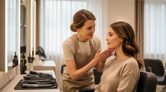 Coiffeuse-visagiste analysant la morphologie du visage d'une cliente en salon de coiffure