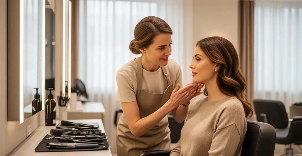 Coiffeuse-visagiste analysant la morphologie du visage d'une cliente en salon de coiffure