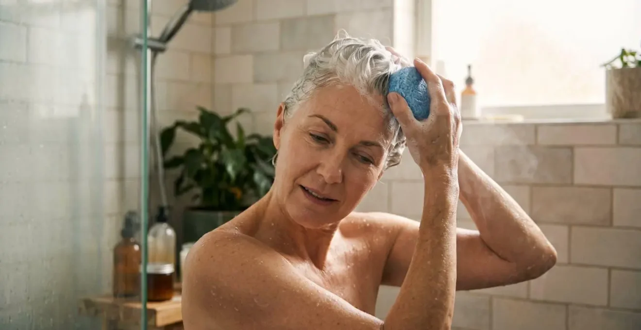 Femme aux cheveux blancs appliquant un shampoing solide bleu sous la douche, mousse légère visible, lumière naturelle douce en arrière-plan