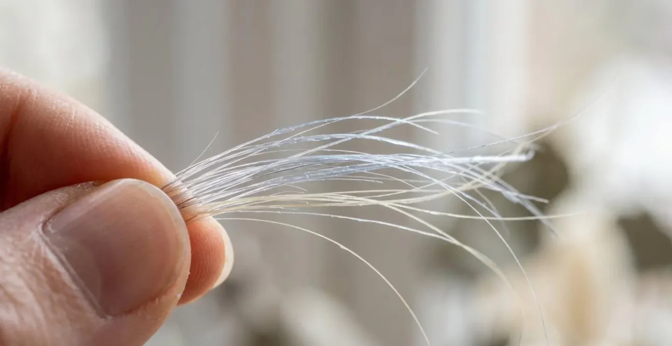 Gros plan sur des mèches de cheveux blancs et blonds observées à la lumière, montrant la dépôt de pigment correcteur bleu sur la surface capillaire